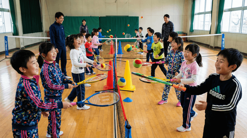 子供がスポンジボールを打つ瞬間
